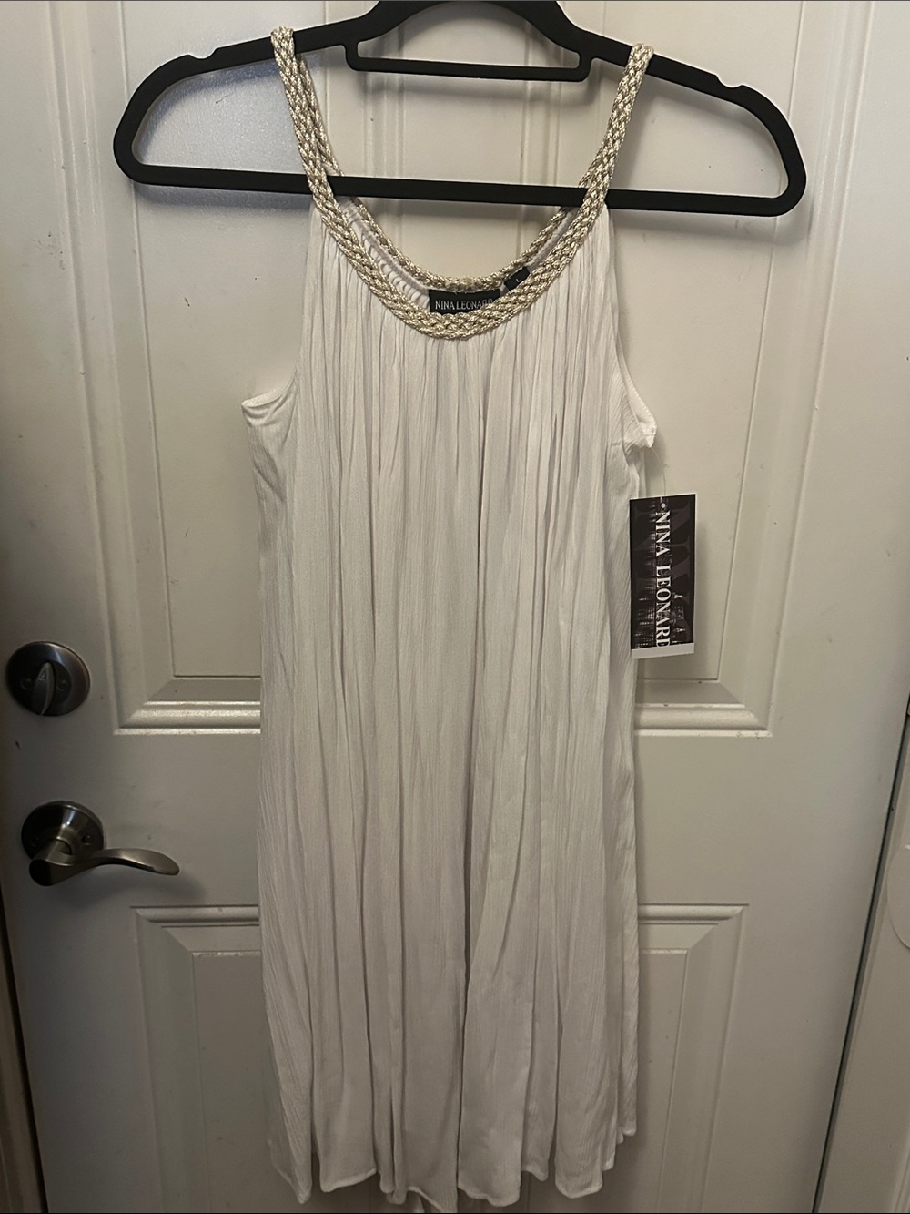 White Nina Leonard Gold Braided-Accent Maxi Dress Greek Goddess Style Dress L
